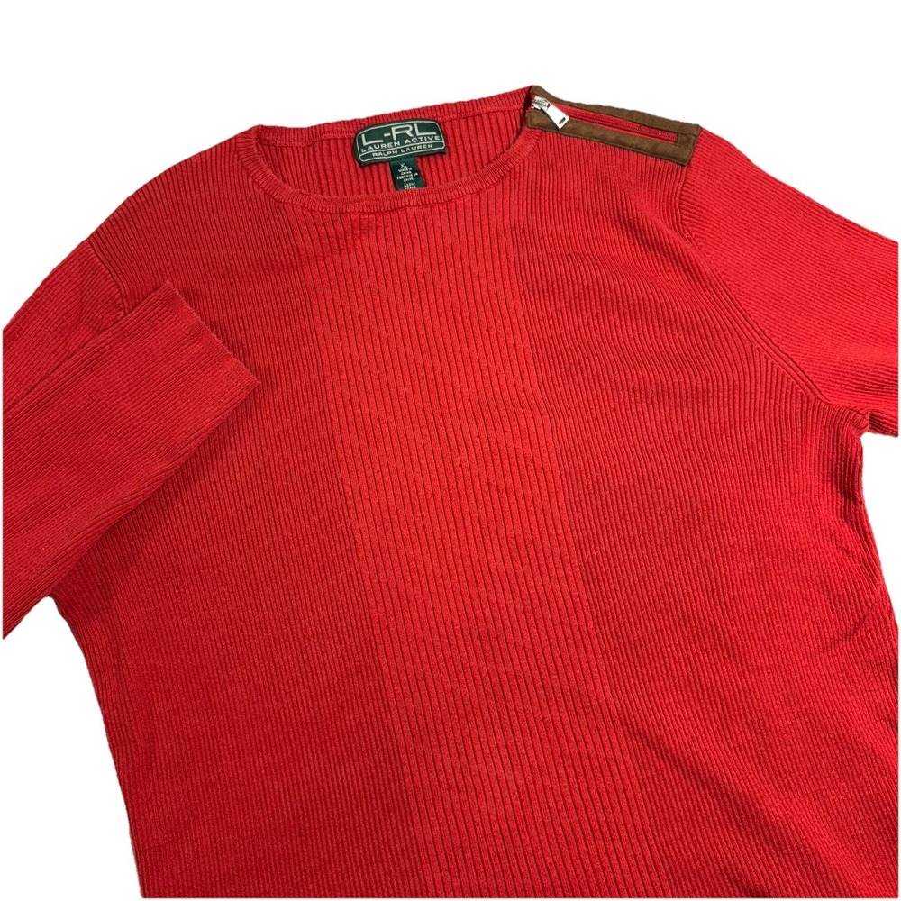 Lauren Ralph Lauren Red Ribbed Knit Sweatshirt with Shoulder Zipper Detail